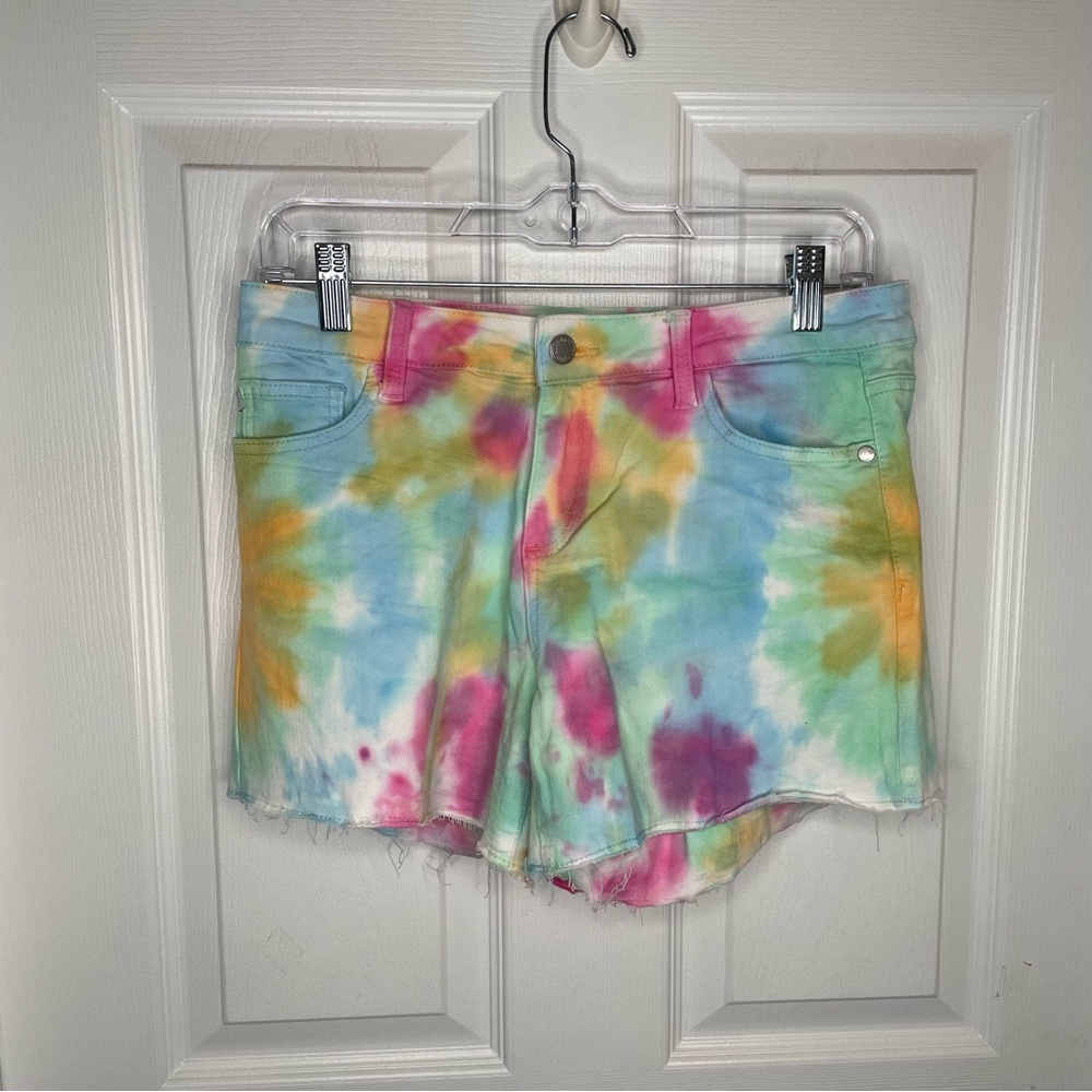 Judy Blue Mid Rise Tie Dye Cut Off Shorts Hippie Stretch Boho Y2K in Rainbow M